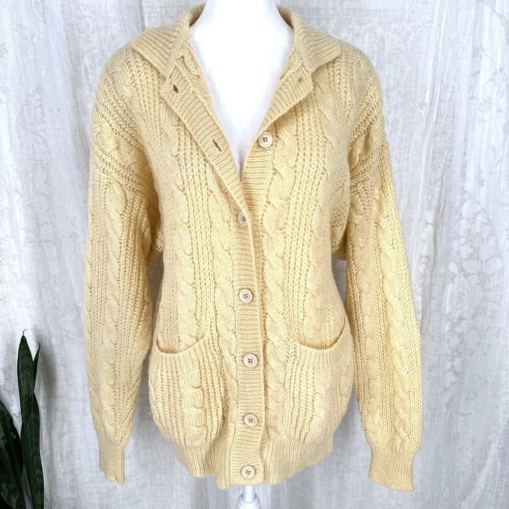 Vintage 90s Fisherman Cable Knit Cardigan M Preppy Heritage Pockets Button Front